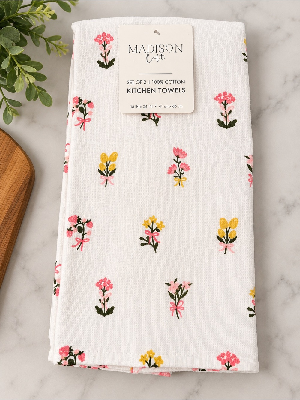 Madison White Cotton Kitchen Towels with Pink & Yellow Floral Sprigs - Set of 2